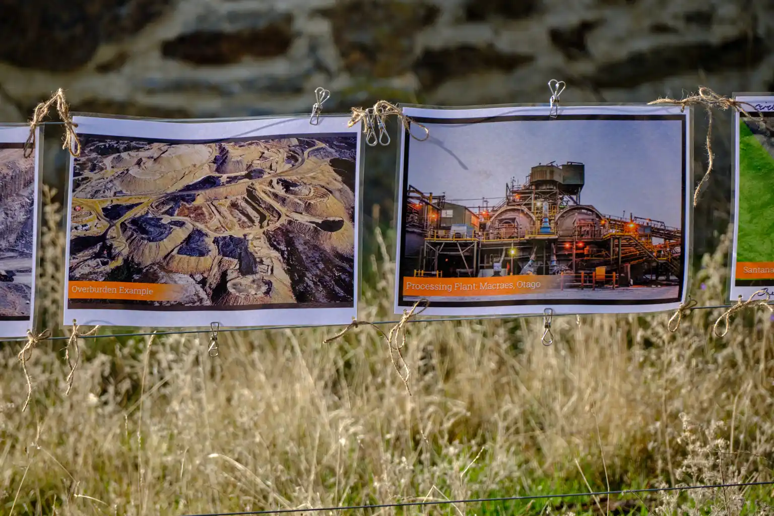 Information display showing examples of mine overburden and processing infrastructure